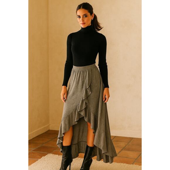 Poof! High Low Ruffle Maxi Skirt Heather Gray Boho Y2K Flowy Asymmetrical Hem| M - Picture 1 of 10